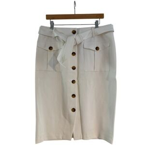 WHITE HOUSE BLACK MARKET Cream Utility Button Front Belted Midi Skirt Size 14
